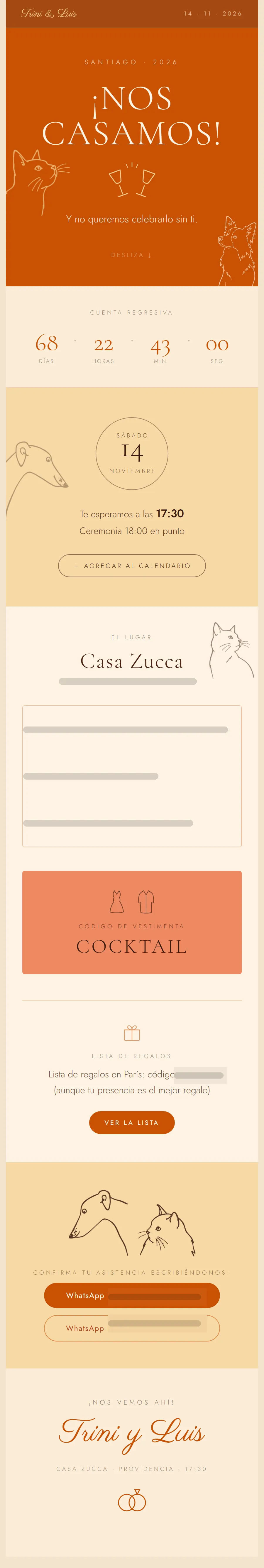 Invitación de matrimonio recorrida de arriba abajo: portada naranja con el titular «¡Nos casamos!» y dibujos de línea de un gato y un perro, cuenta regresiva, el lugar, el código de vestimenta, la lista de regalos y la confirmación de asistencia.