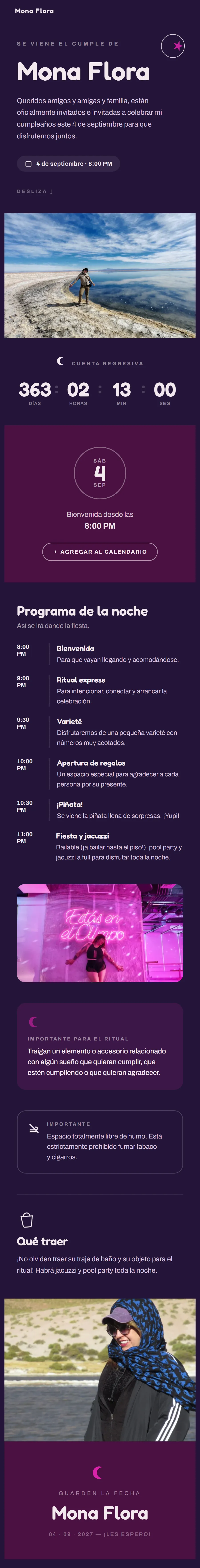 Invitación de cumpleaños recorrida de arriba abajo: portada morada con el nombre en letra redondeada, cuenta regresiva, el programa de la noche hora por hora y fotografías del evento.